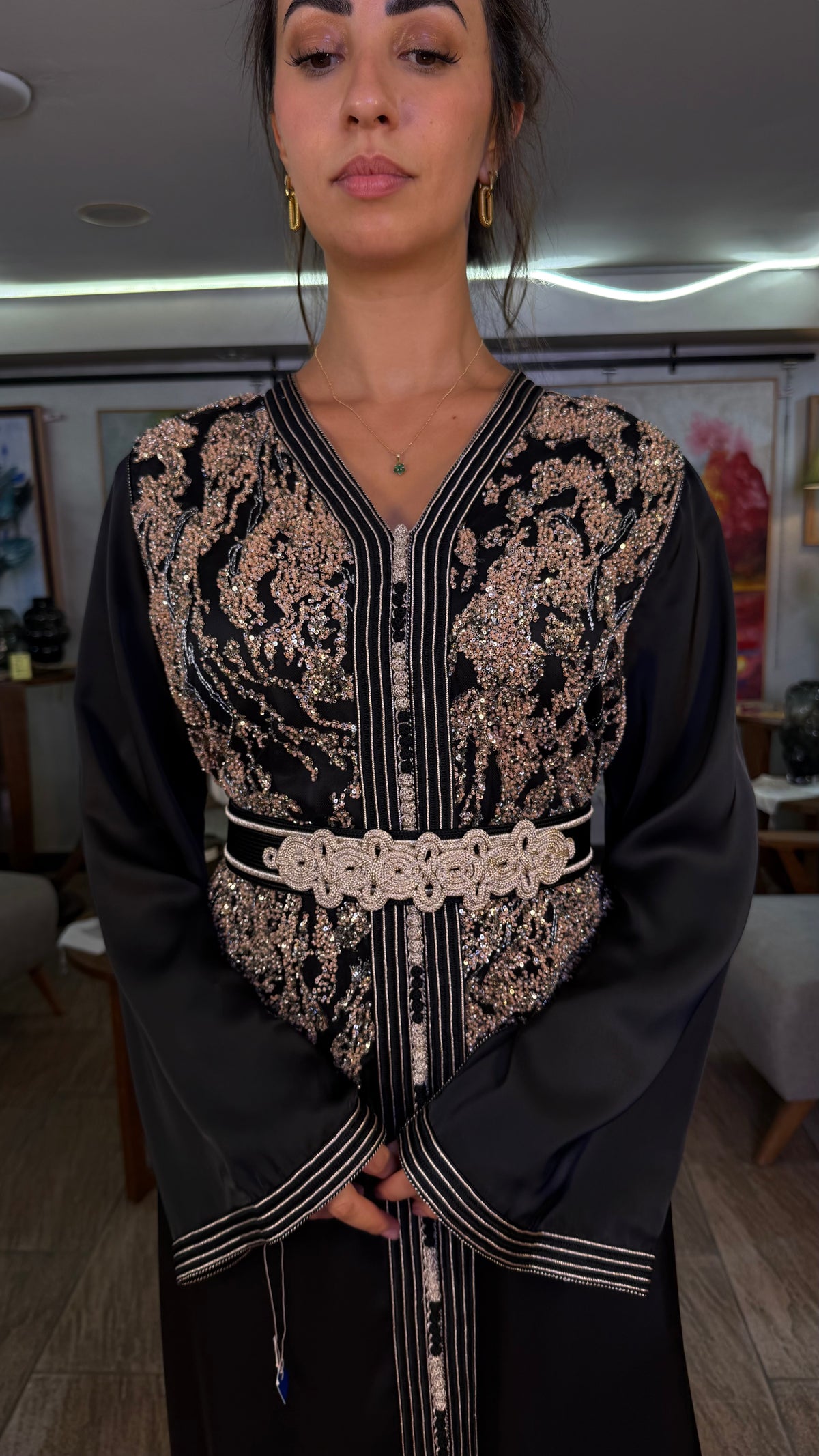 Black One-Piece Moroccan Kaftan with Belt with Pearls