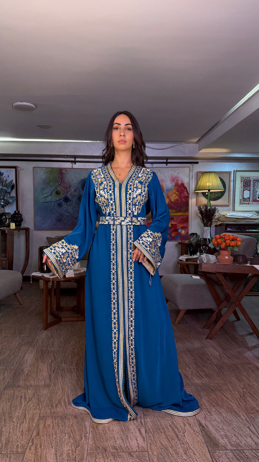 Blue One-Piece Moroccan Kaftan with Belt Outfit with Embroidered Overlay