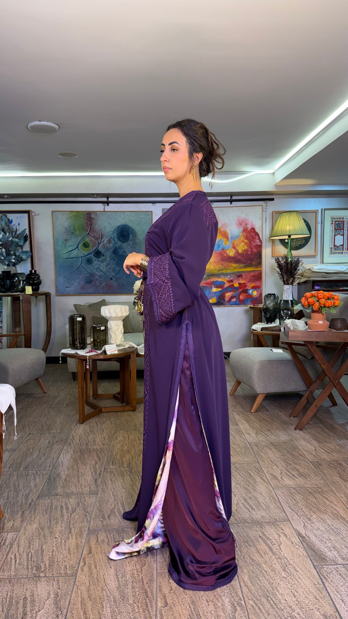 Purple Moroccan Two-Piece Set with Belt & Embroidered Overlay