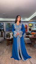 Blue One-Piece Moroccan Kaftan with Belt Outfit with Embroidered Overlay