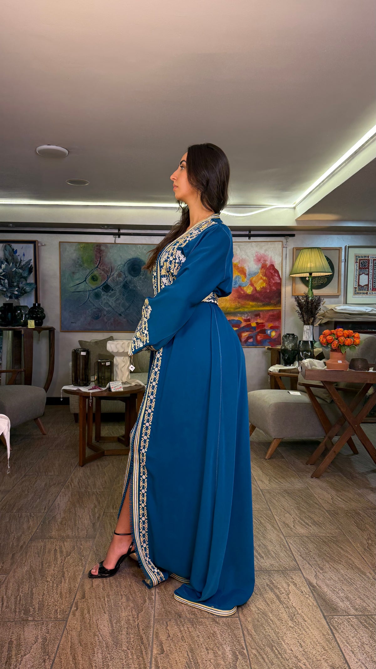 Blue One-Piece Moroccan Kaftan with Belt Outfit with Embroidered Overlay