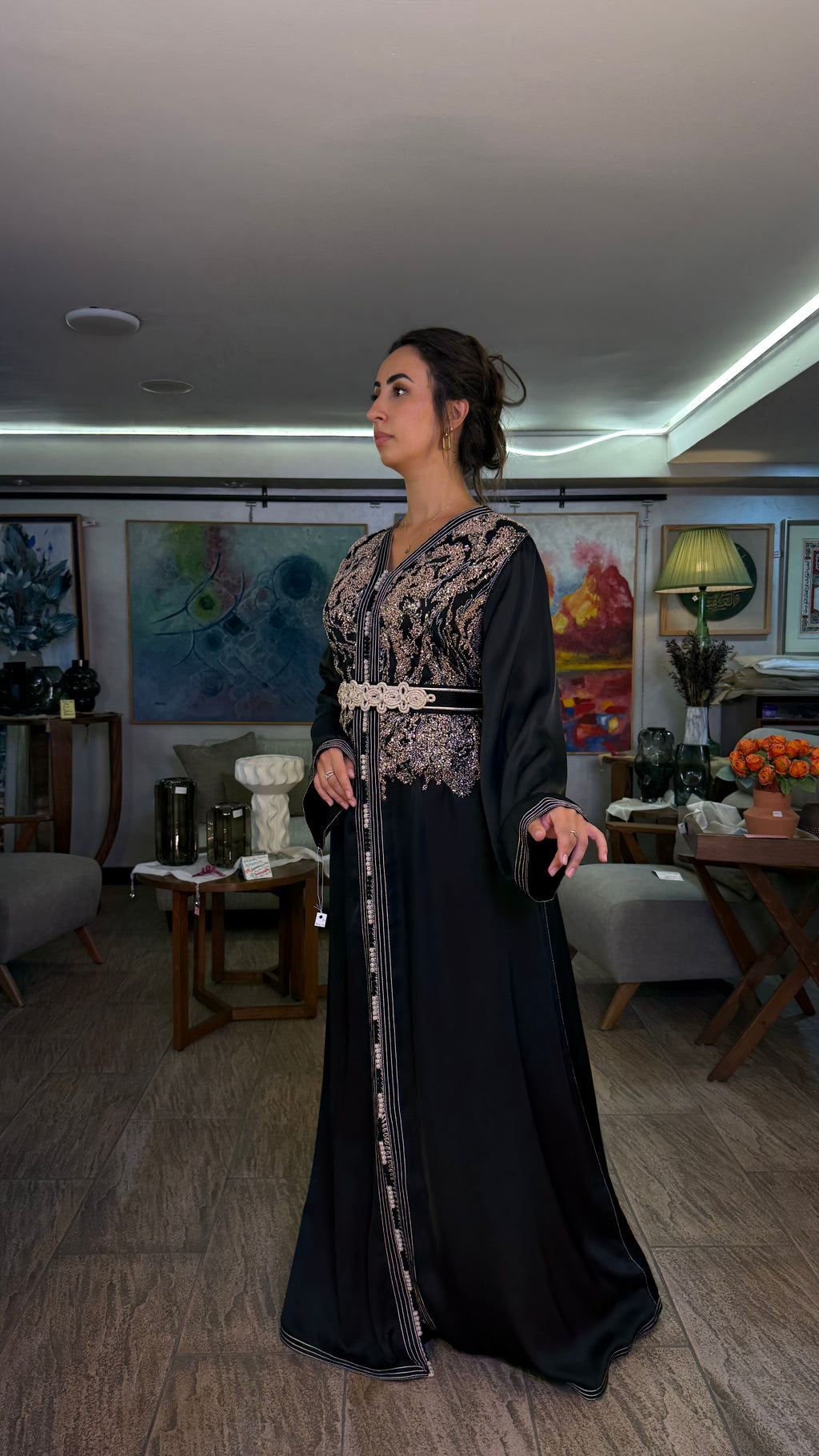 Black One-Piece Moroccan Kaftan with Belt with Pearls