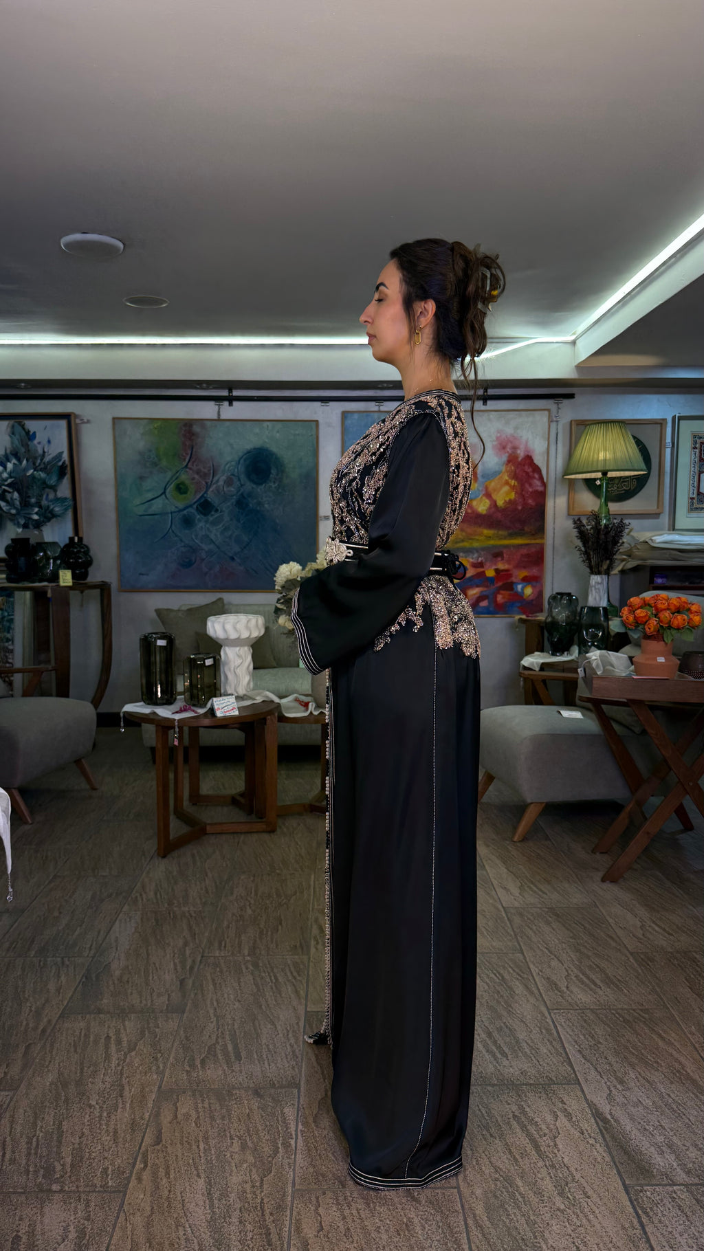 Black One-Piece Moroccan Kaftan with Belt with Pearls