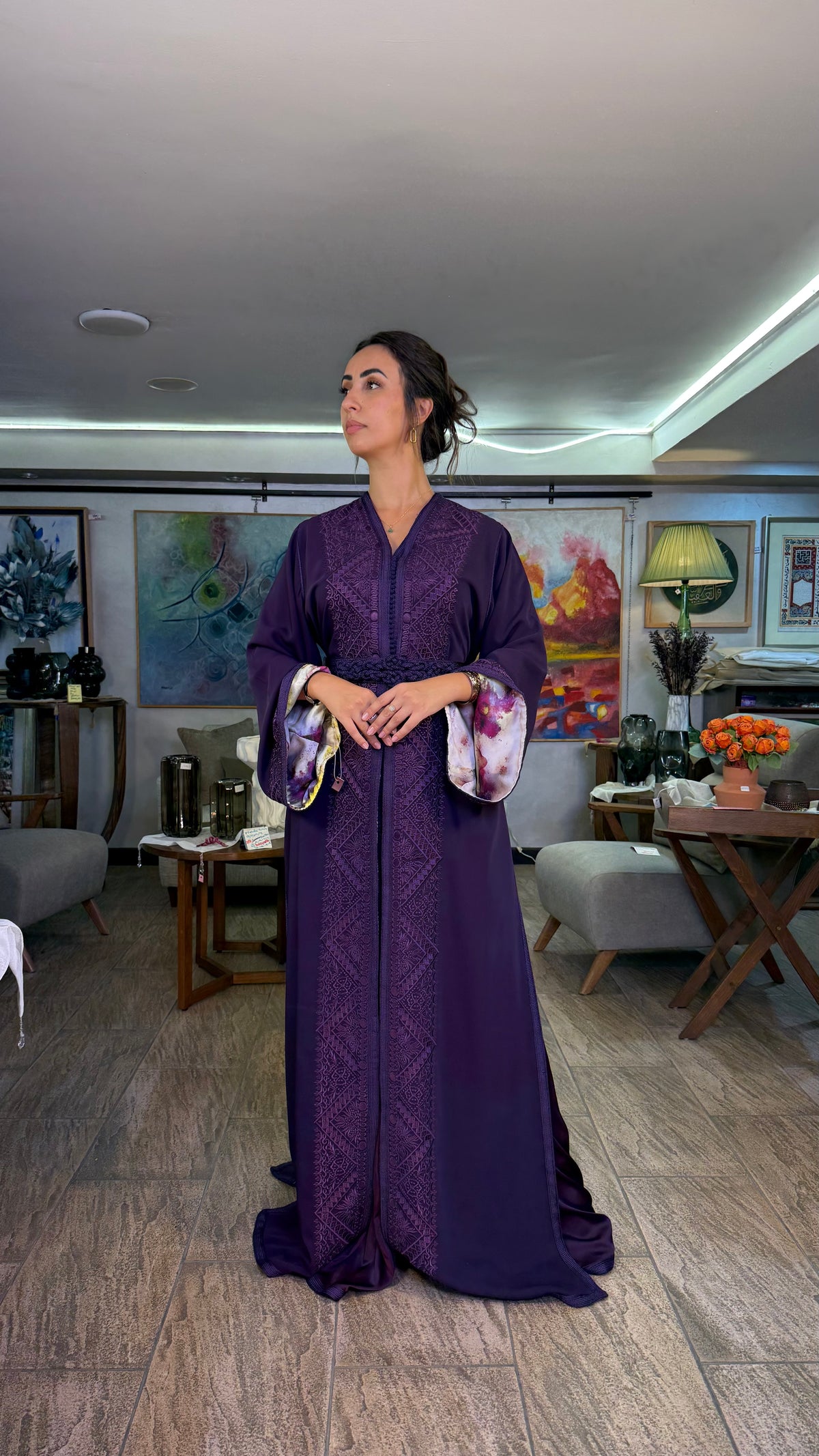 Purple Moroccan Two-Piece Set with Belt & Embroidered Overlay