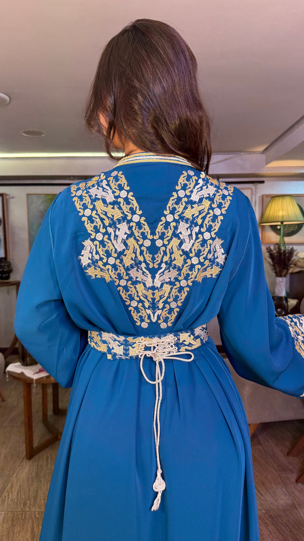 Blue One-Piece Moroccan Kaftan with Belt Outfit with Embroidered Overlay