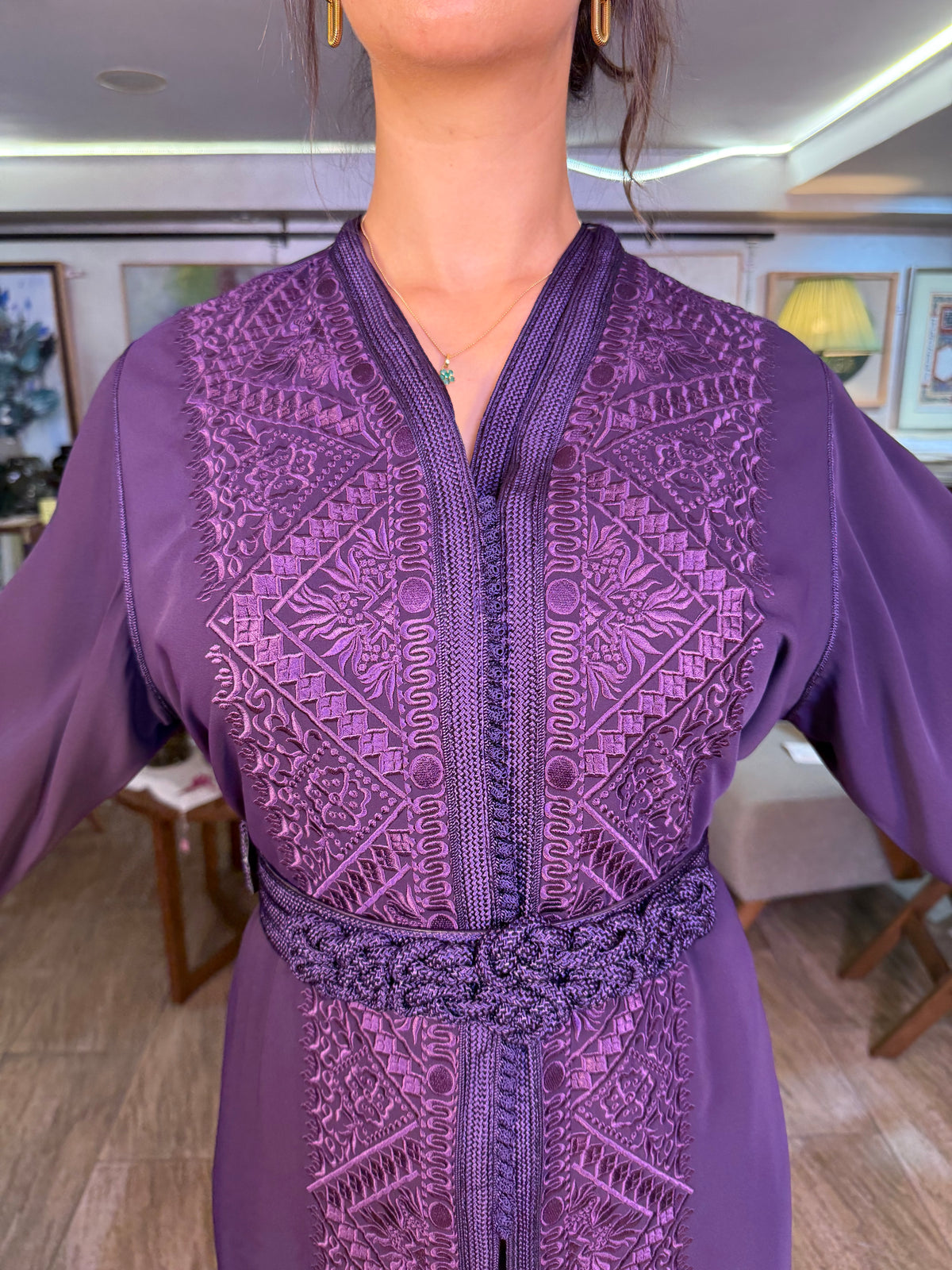 Purple Moroccan Two-Piece Set with Belt & Embroidered Overlay