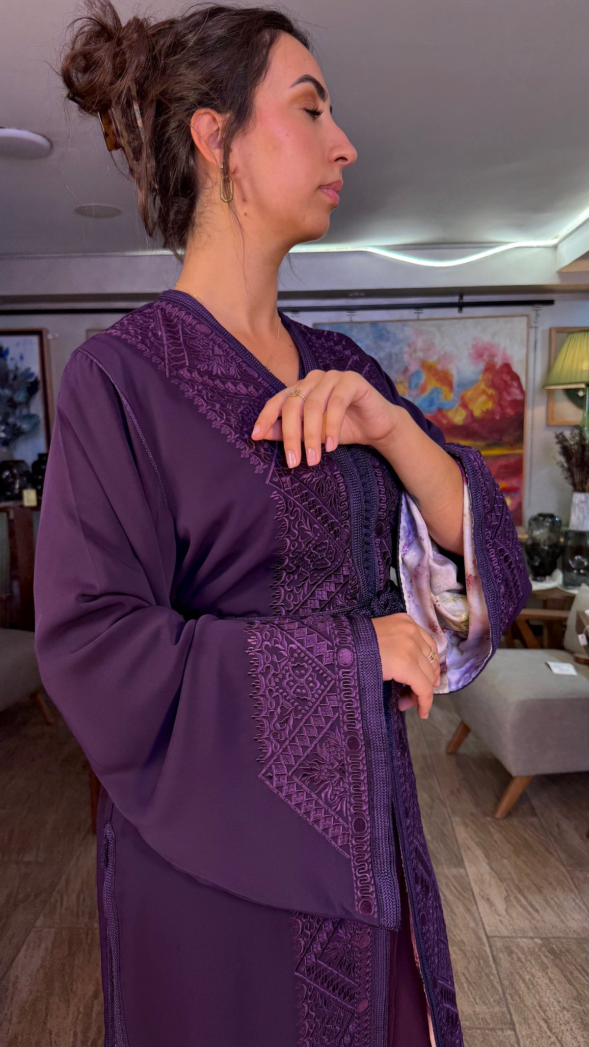 Purple Moroccan Two-Piece Set with Belt & Embroidered Overlay