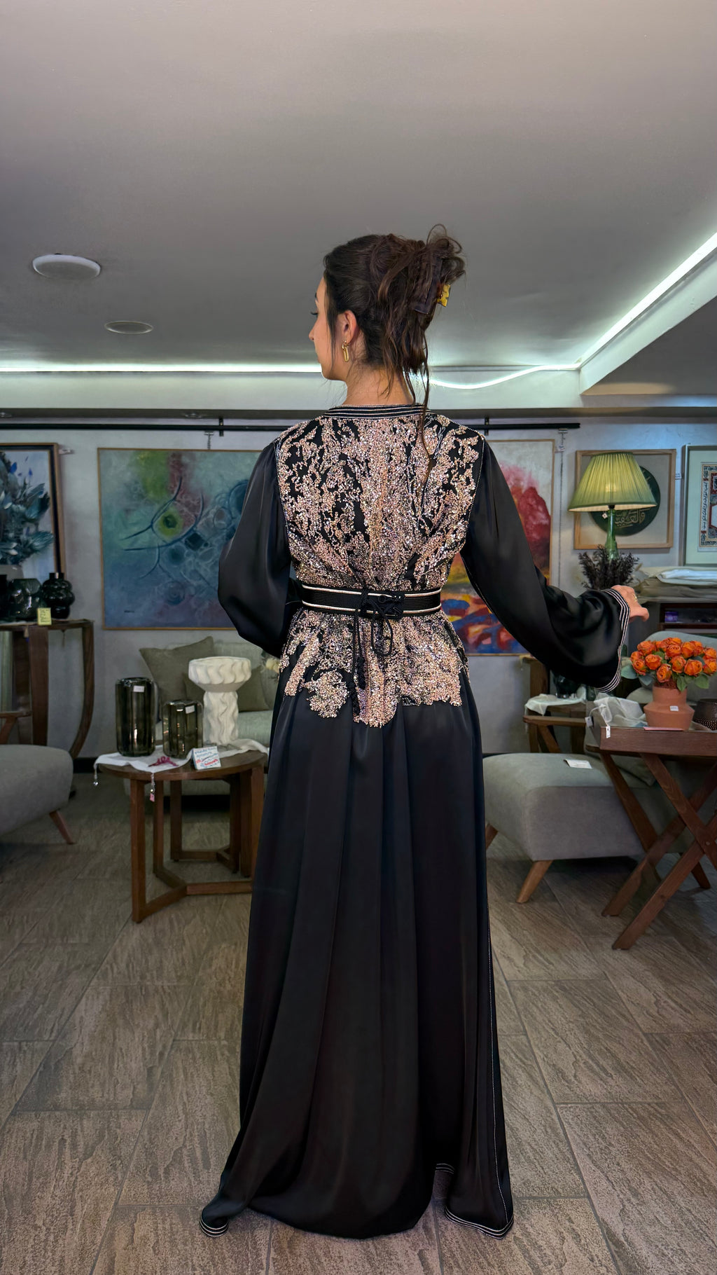 Black One-Piece Moroccan Kaftan with Belt with Pearls