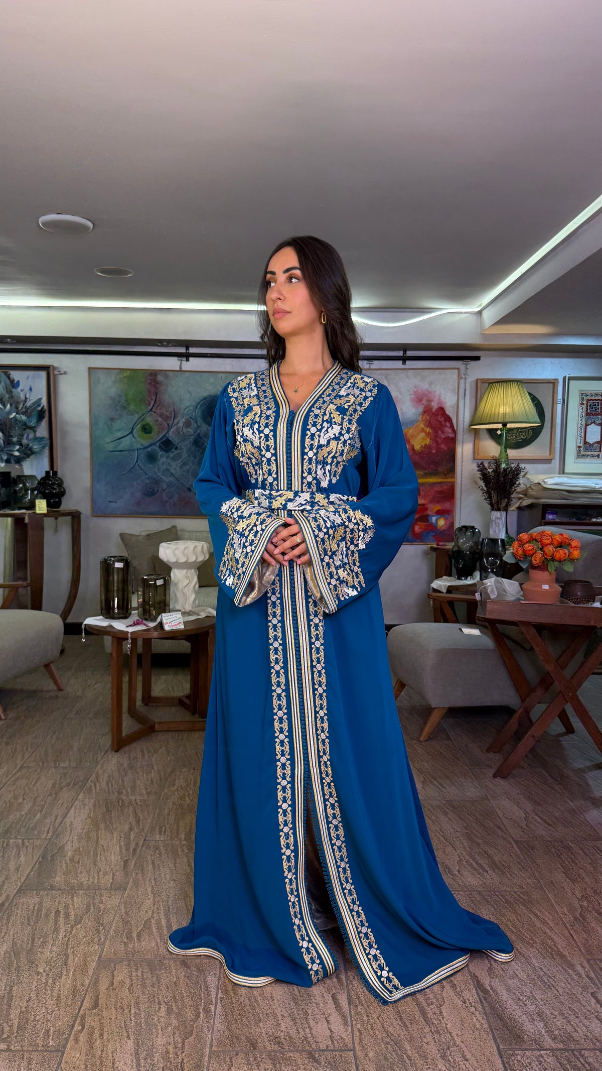 Blue One-Piece Moroccan Kaftan with Belt Outfit with Embroidered Overlay