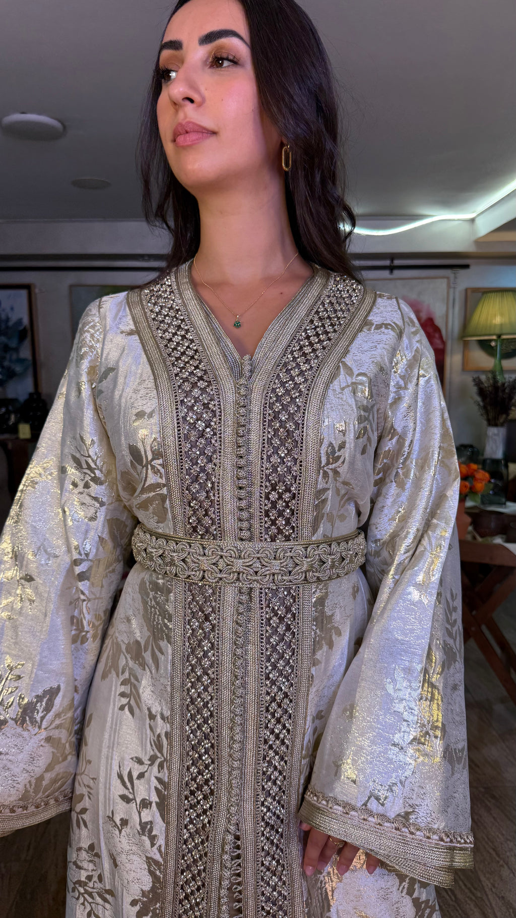 White and Gold Two-Piece Moroccan Belted Outfit (handmade)