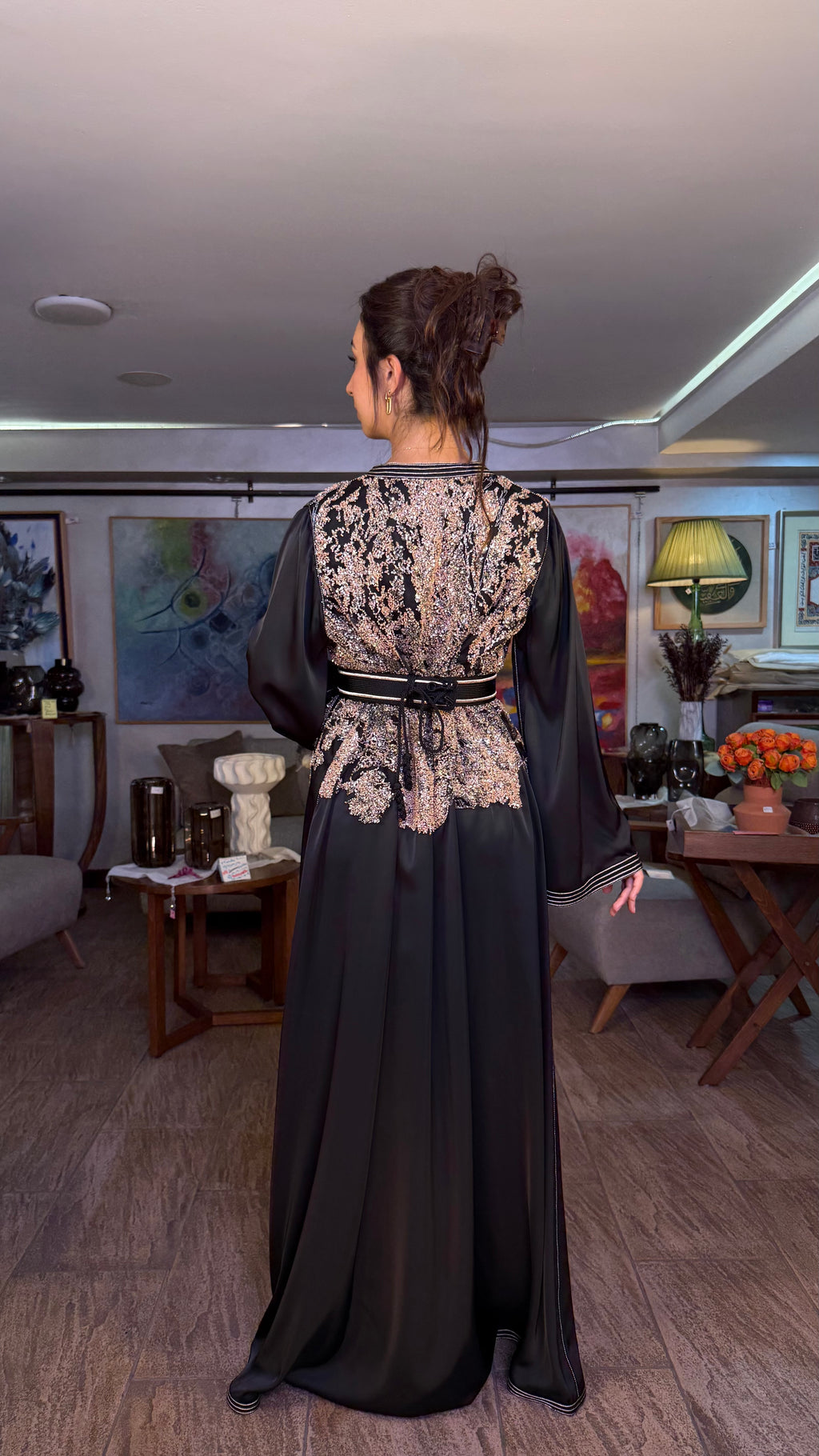 Black One-Piece Moroccan Kaftan with Belt with Pearls