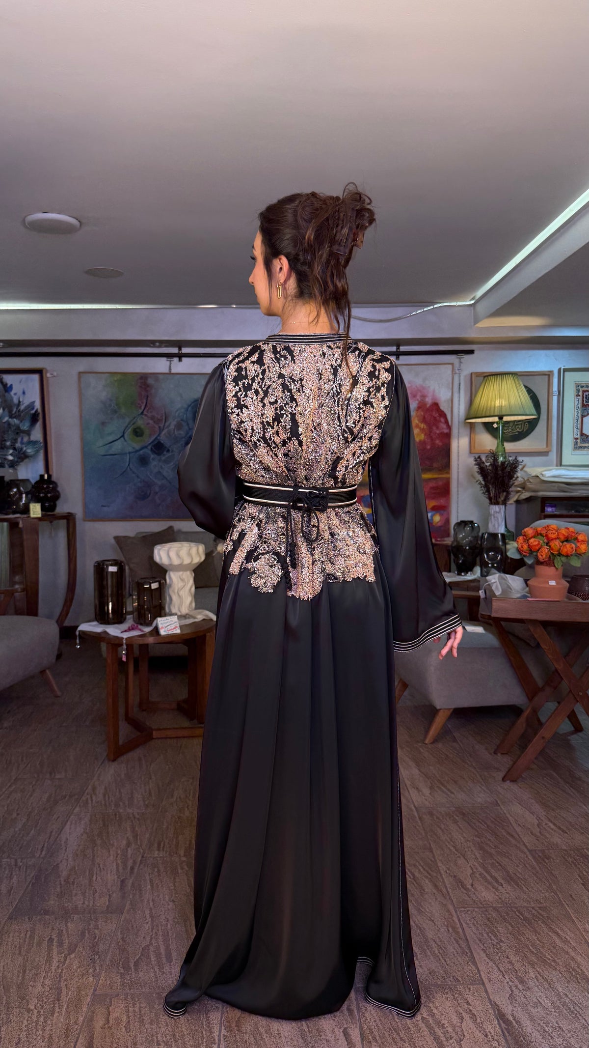 Black One-Piece Moroccan Kaftan with Belt with Pearls