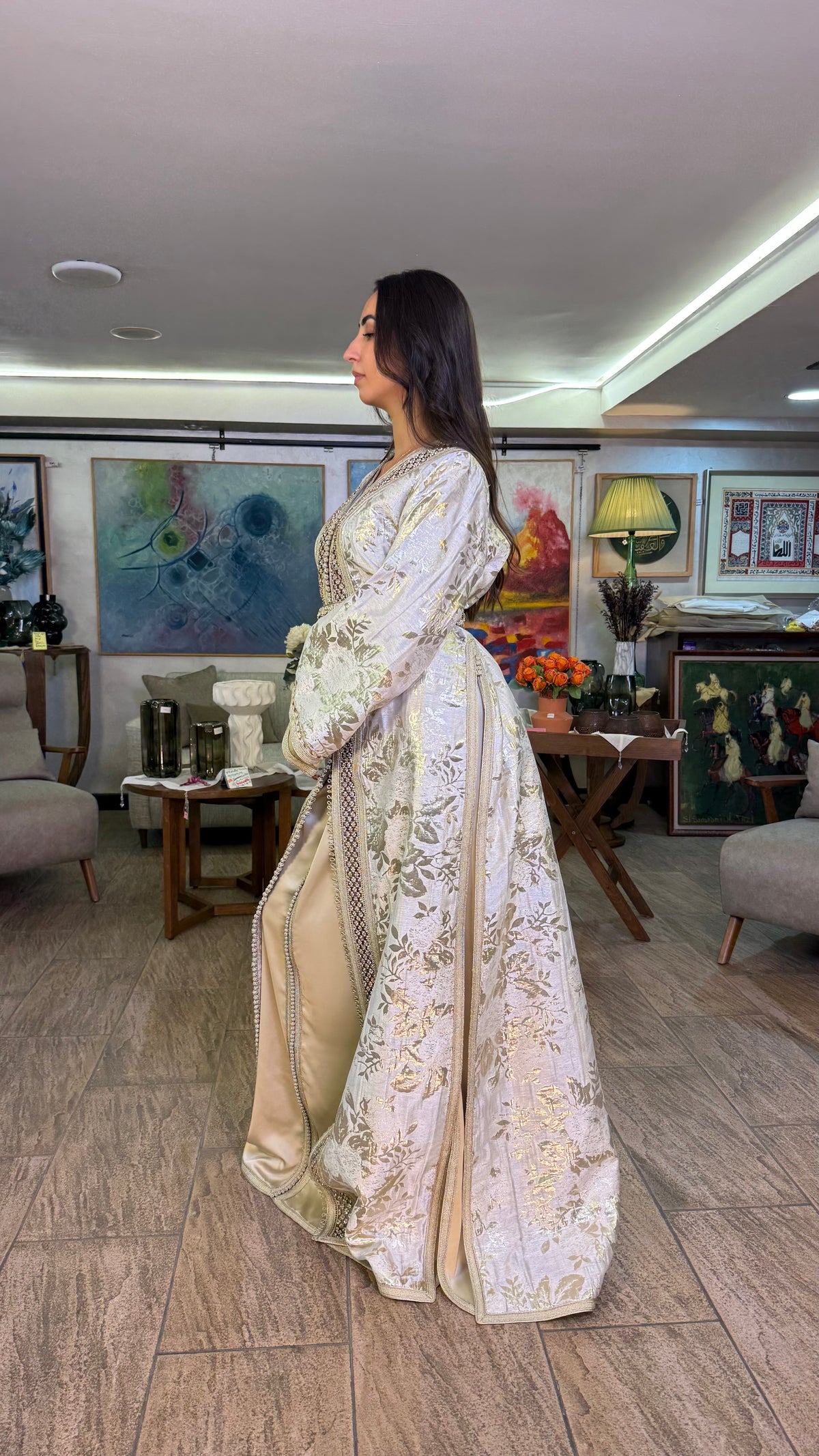 White and Gold Two-Piece Moroccan Belted Outfit (handmade)