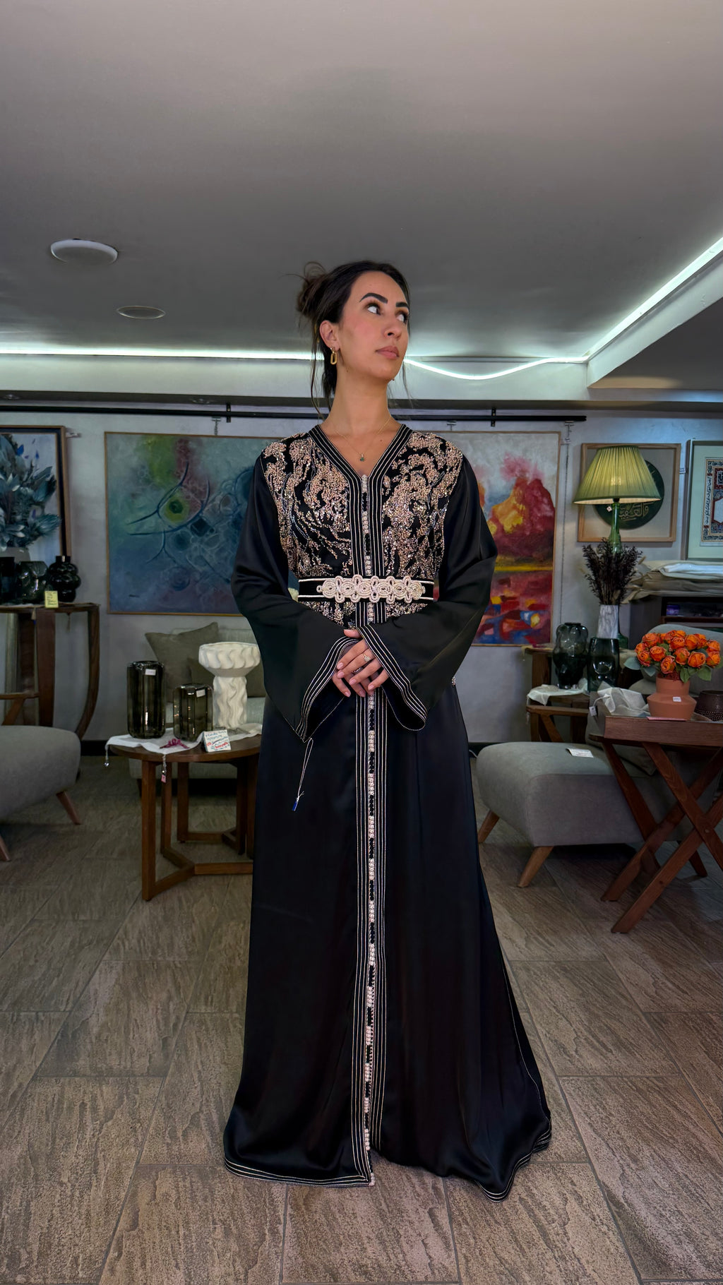 Black One-Piece Moroccan Kaftan with Belt with Pearls