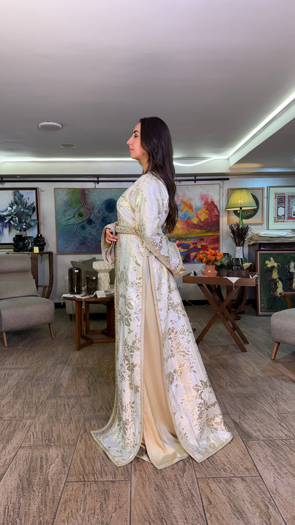 White and Gold Two-Piece Moroccan Belted Outfit (handmade)