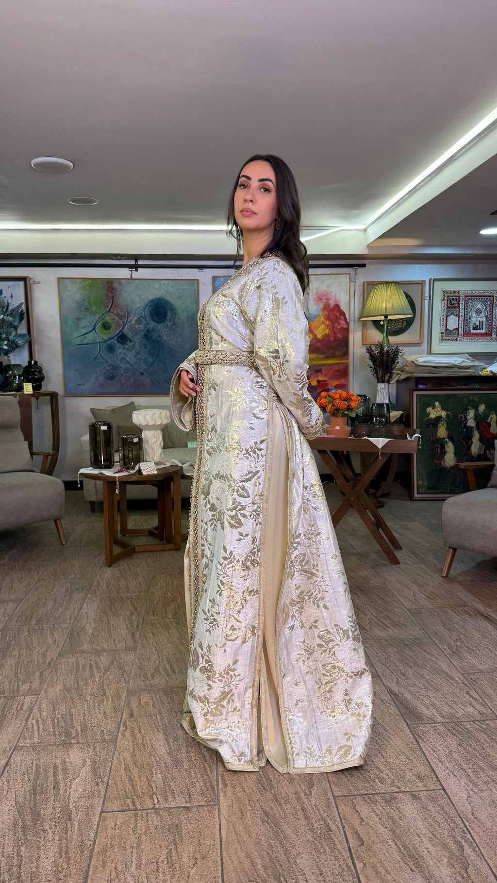 White and Gold Two-Piece Moroccan Belted Outfit (handmade)