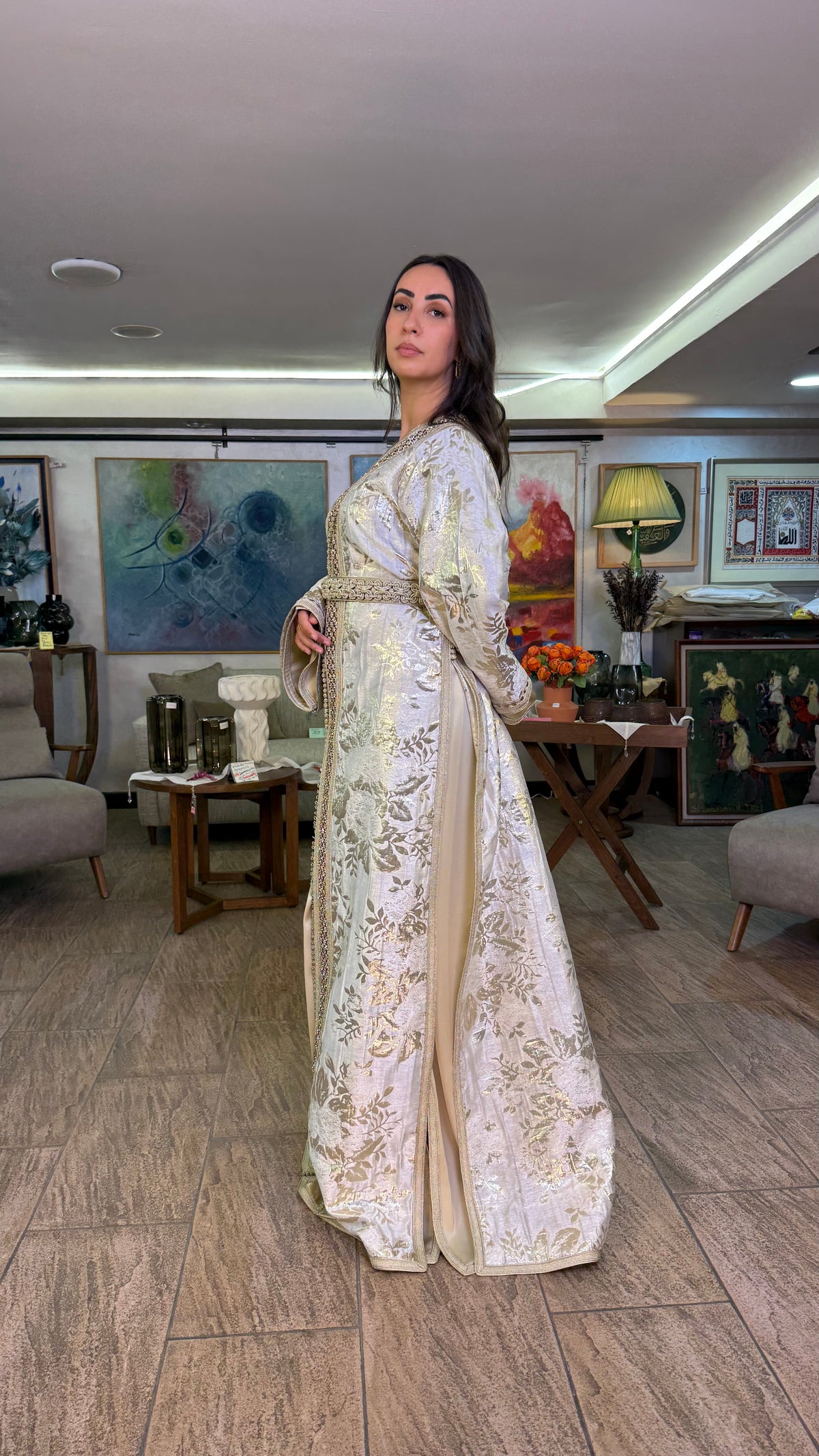 White and Gold Two-Piece Moroccan Belted Outfit (handmade)