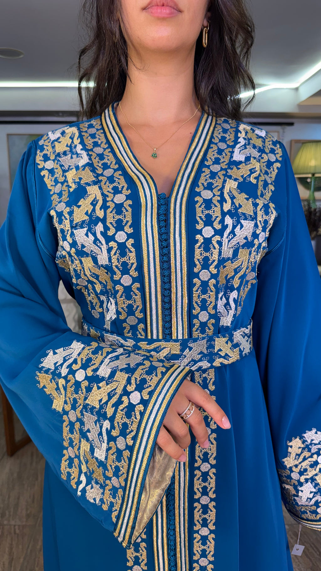 Blue One-Piece Moroccan Kaftan with Belt Outfit with Embroidered Overlay
