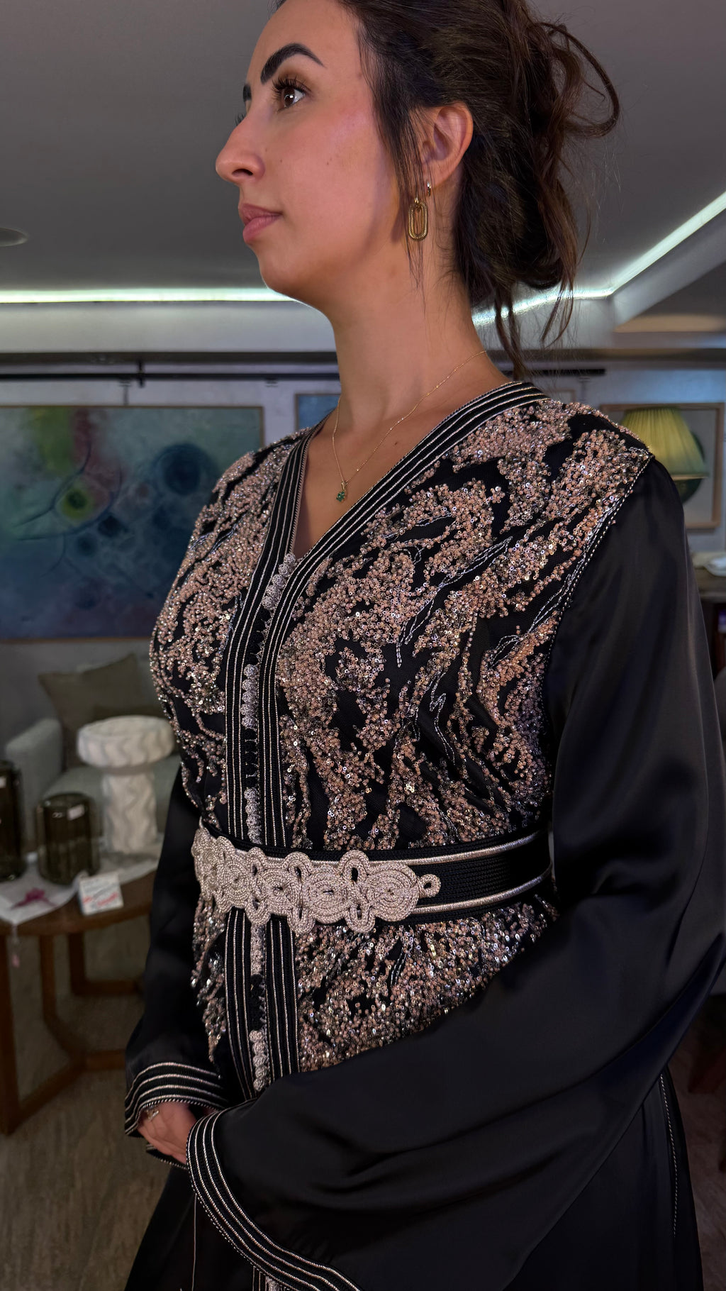 Black One-Piece Moroccan Kaftan with Belt with Pearls