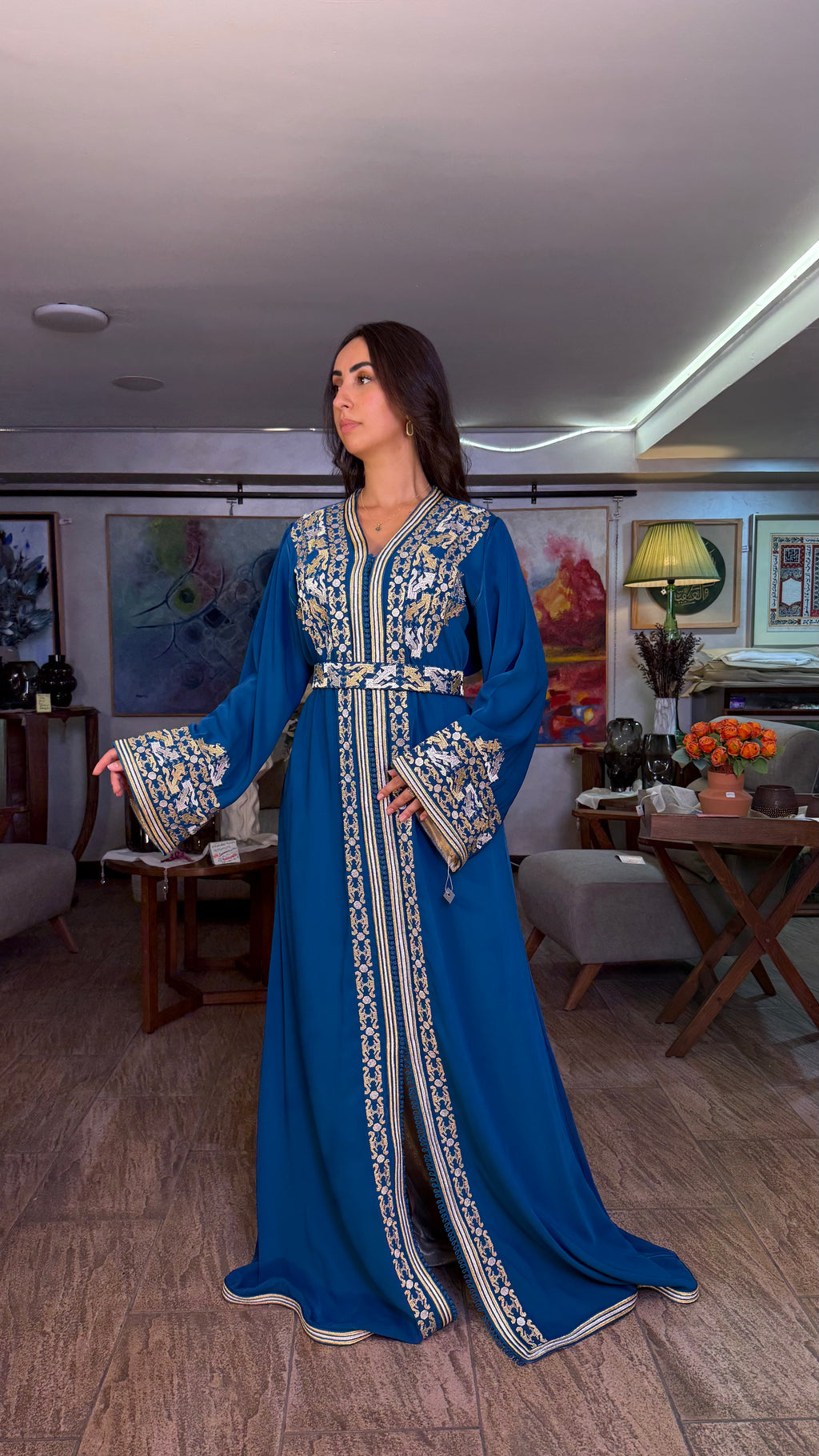 Blue One-Piece Moroccan Kaftan with Belt Outfit with Embroidered Overlay
