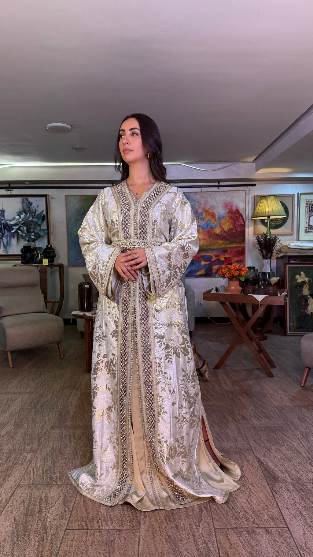White and Gold Two-Piece Moroccan Belted Outfit (handmade)