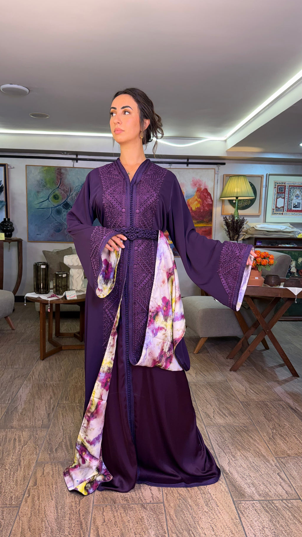 Purple Moroccan Two-Piece Set with Belt & Embroidered Overlay