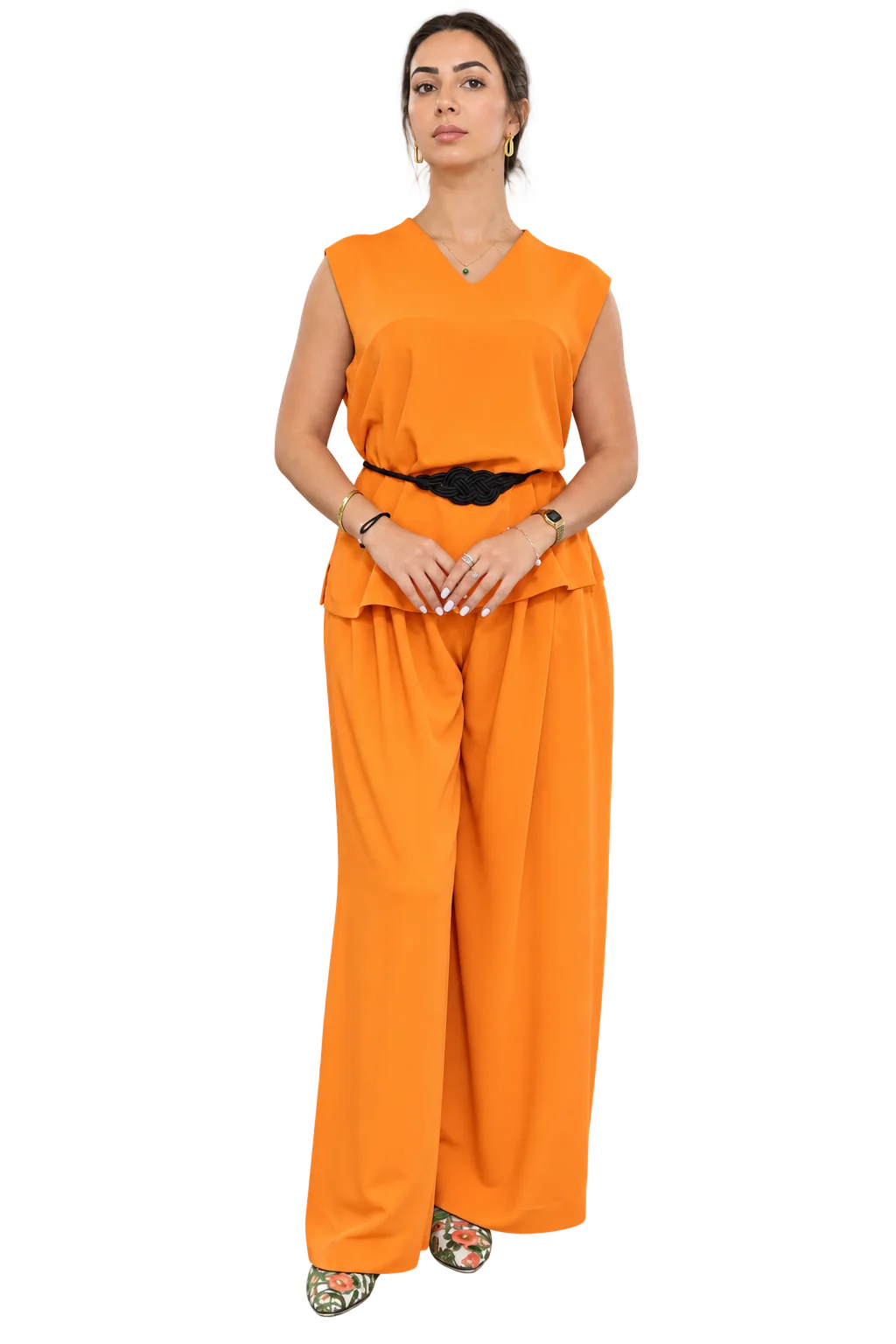 Safiya Orange Two-Piece Set (col V ou fravatte) crepe sans manches sans zwaq