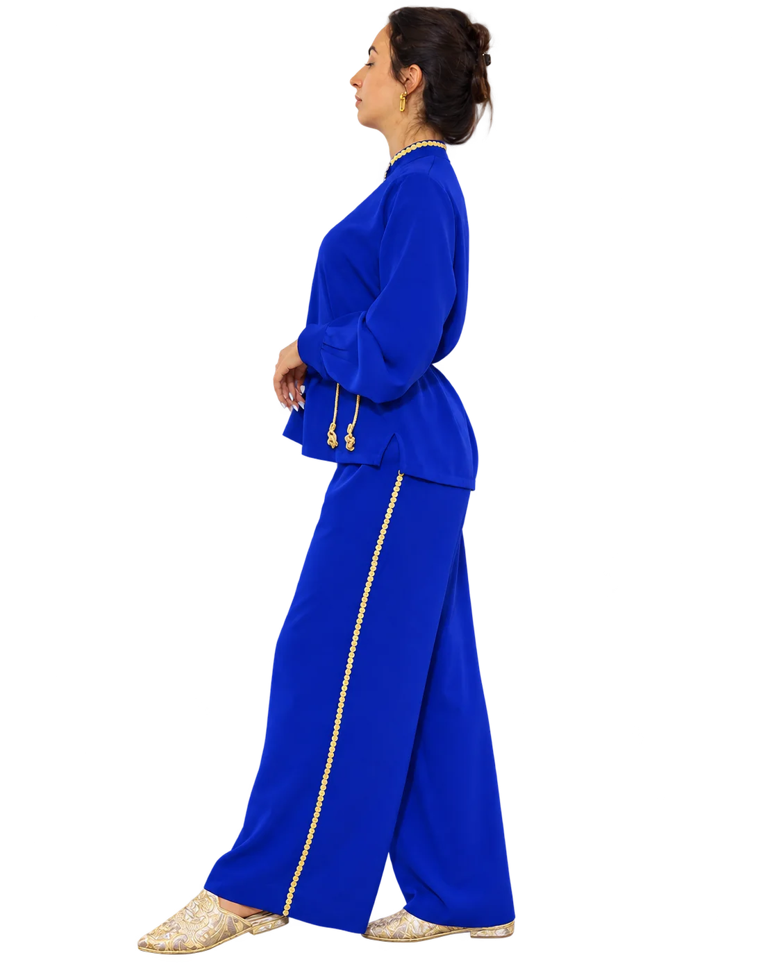 Nadia Royal Blue Gold-Detail Two-Piece Set crepe avec manches col officer avec zwaq