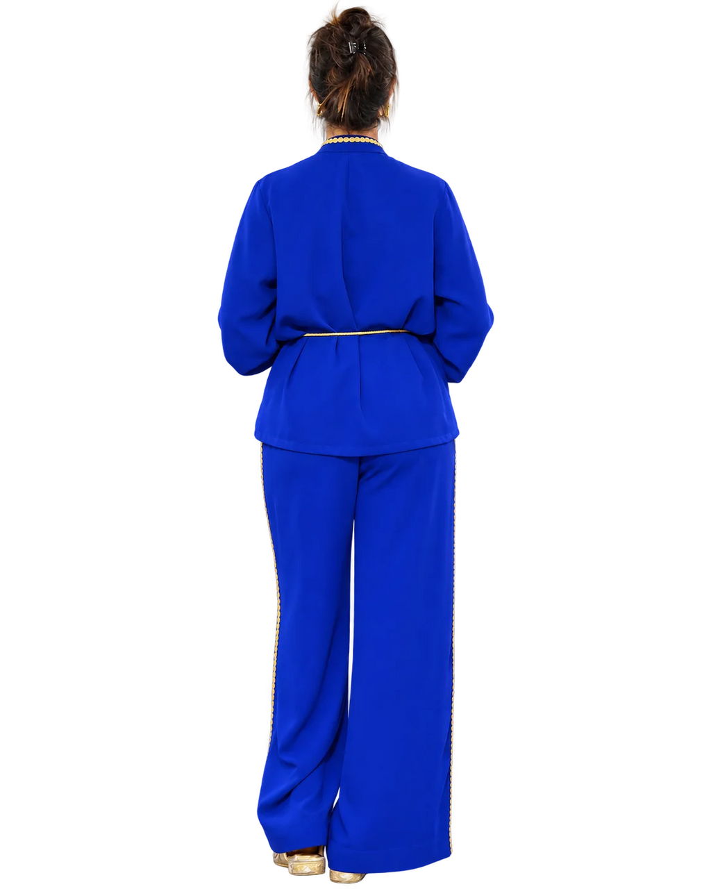 Nadia Royal Blue Gold-Detail Two-Piece Set crepe avec manches col officer avec zwaq
