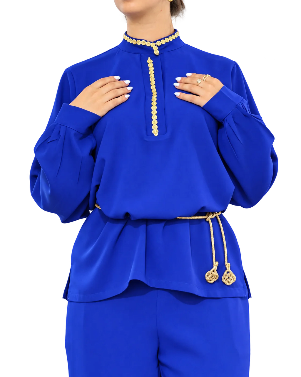 Nadia Royal Blue Gold-Detail Two-Piece Set crepe avec manches col officer avec zwaq