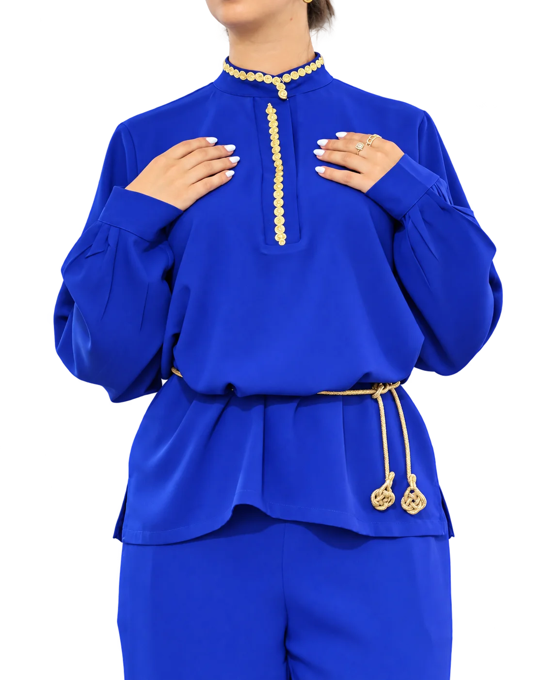 Nadia Royal Blue Gold-Detail Two-Piece Set crepe avec manches col officer avec zwaq