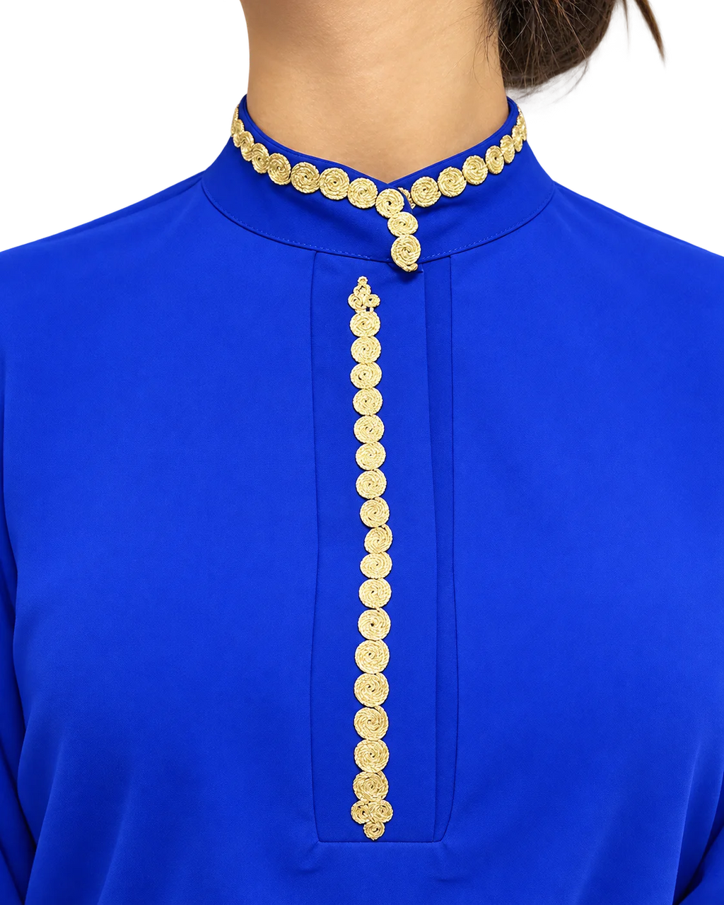 Nadia Royal Blue Gold-Detail Two-Piece Set crepe avec manches col officer avec zwaq