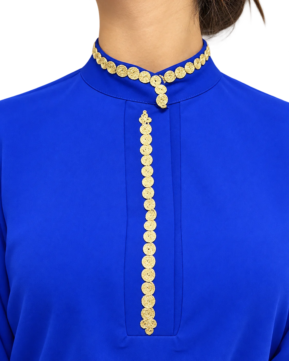 Nadia Royal Blue Gold-Detail Two-Piece Set crepe avec manches col officer avec zwaq