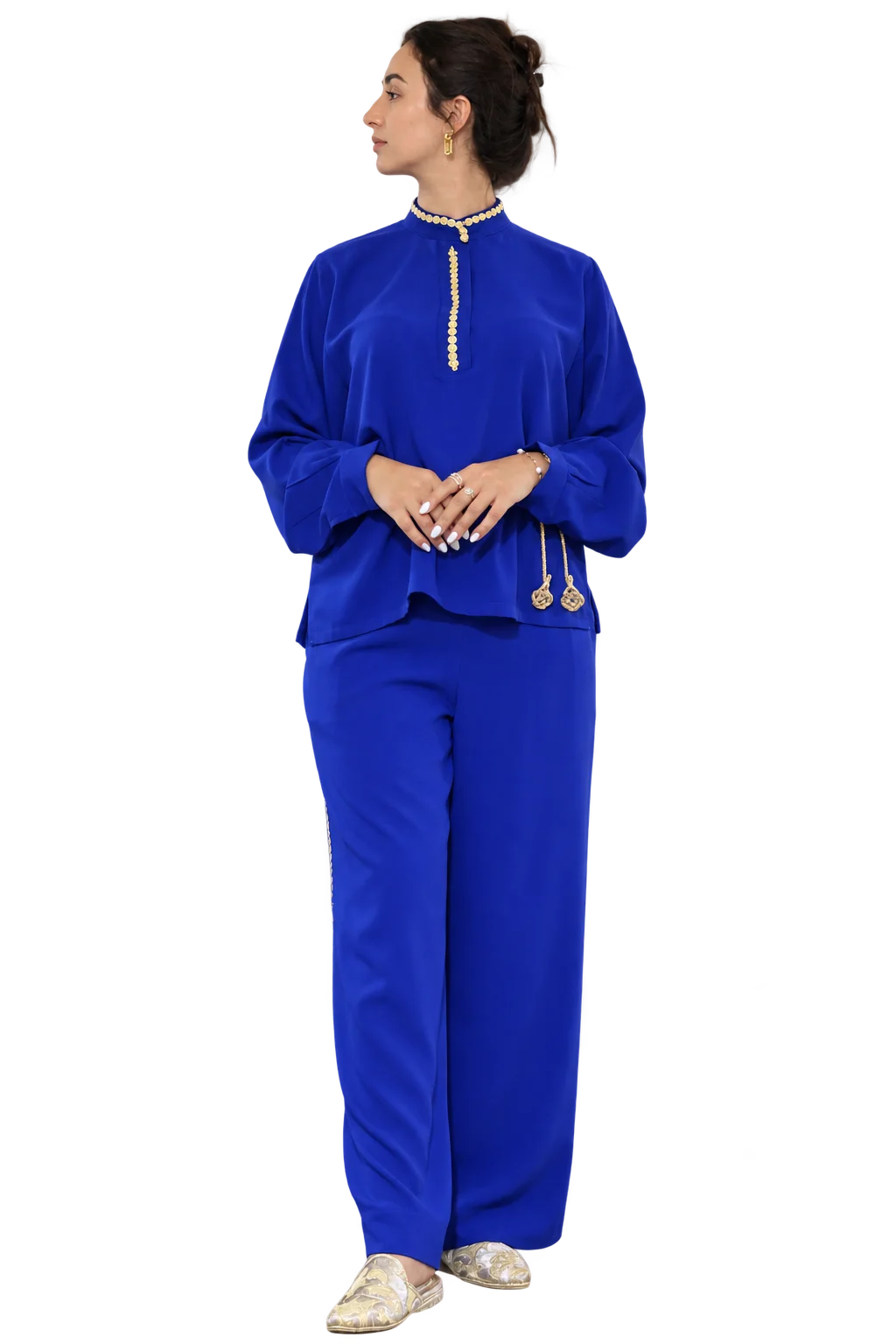 Nadia Royal Blue Gold-Detail Two-Piece Set crepe avec manches col officer avec zwaq
