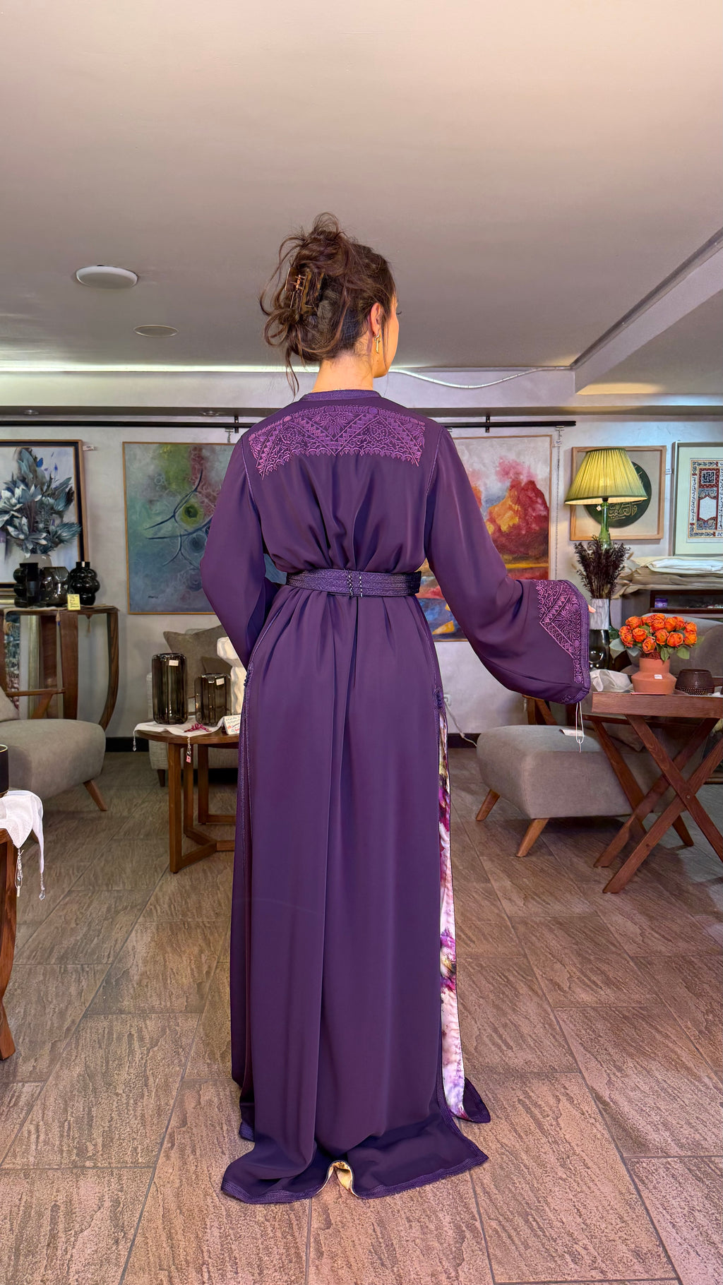 Purple Moroccan Two-Piece Set with Belt & Embroidered Overlay