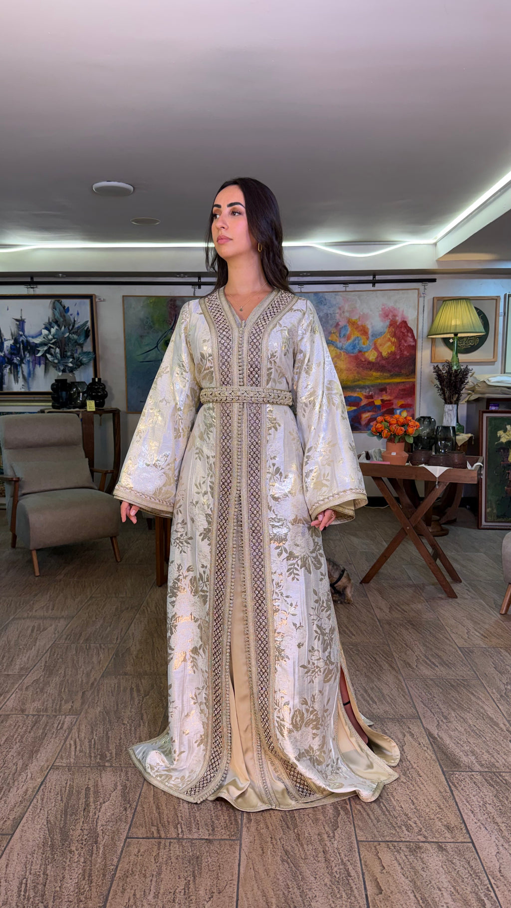 White and Gold Two-Piece Moroccan Belted Outfit (handmade)