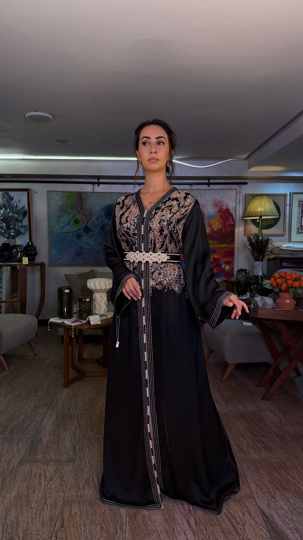 Black One-Piece Moroccan Kaftan with Belt with Pearls