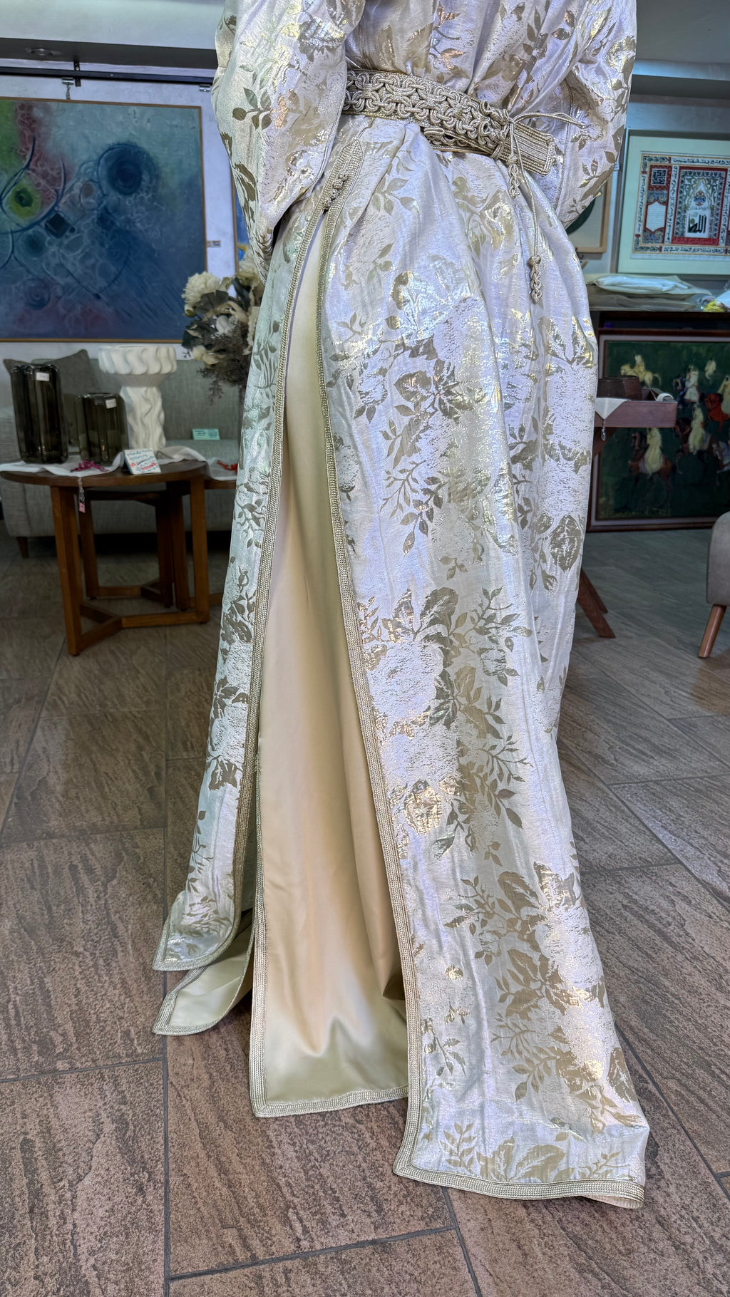 White and Gold Two-Piece Moroccan Belted Outfit (handmade)
