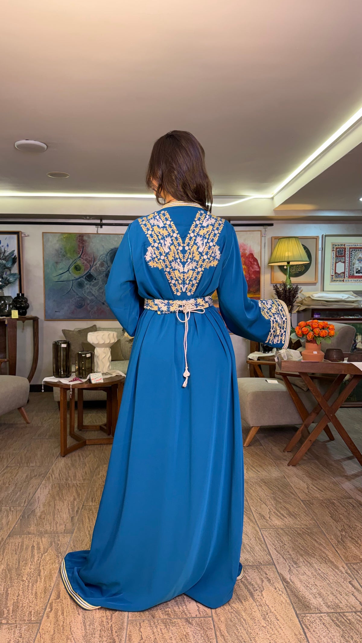 Blue One-Piece Moroccan Kaftan with Belt Outfit with Embroidered Overlay