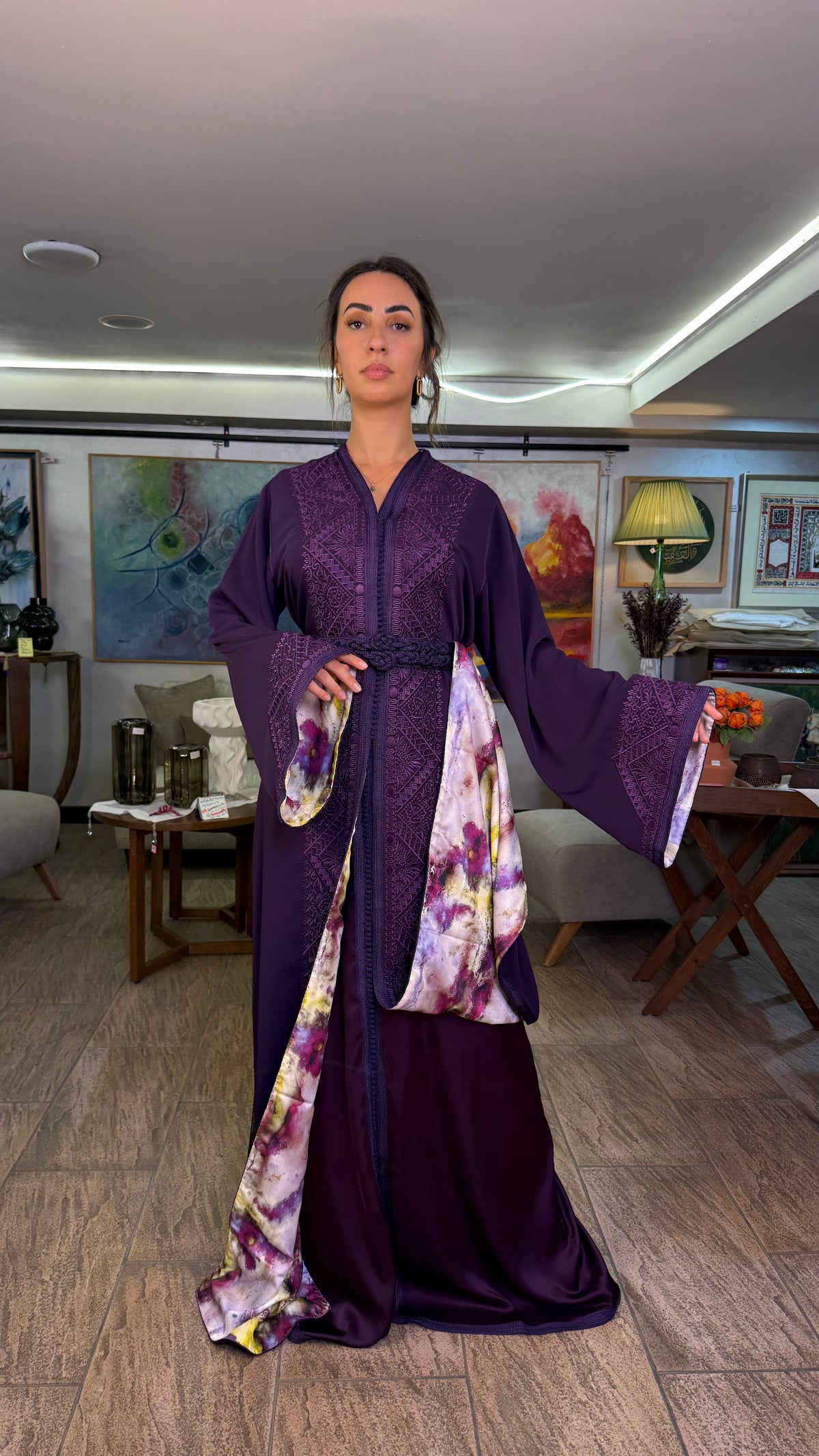 Purple Moroccan Two-Piece Set with Belt & Embroidered Overlay
