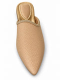 Beige babouche with a subtle woven texture and pale gold-tone braided edging on a white background.