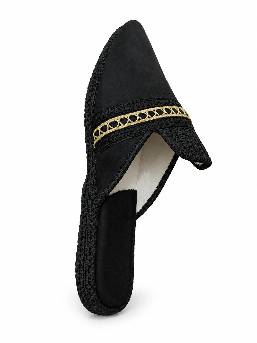 Black pointed-toe babouche with gold loop trim and black braided edging, angled top view.