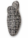 Black, white and grey crosshatch babouche with contrasting zigzag stitching around the opening on a white background.