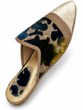 Blue and Green Abstract Babouches with Ivory Toe, pointed-toe open-back shoe on a white background.