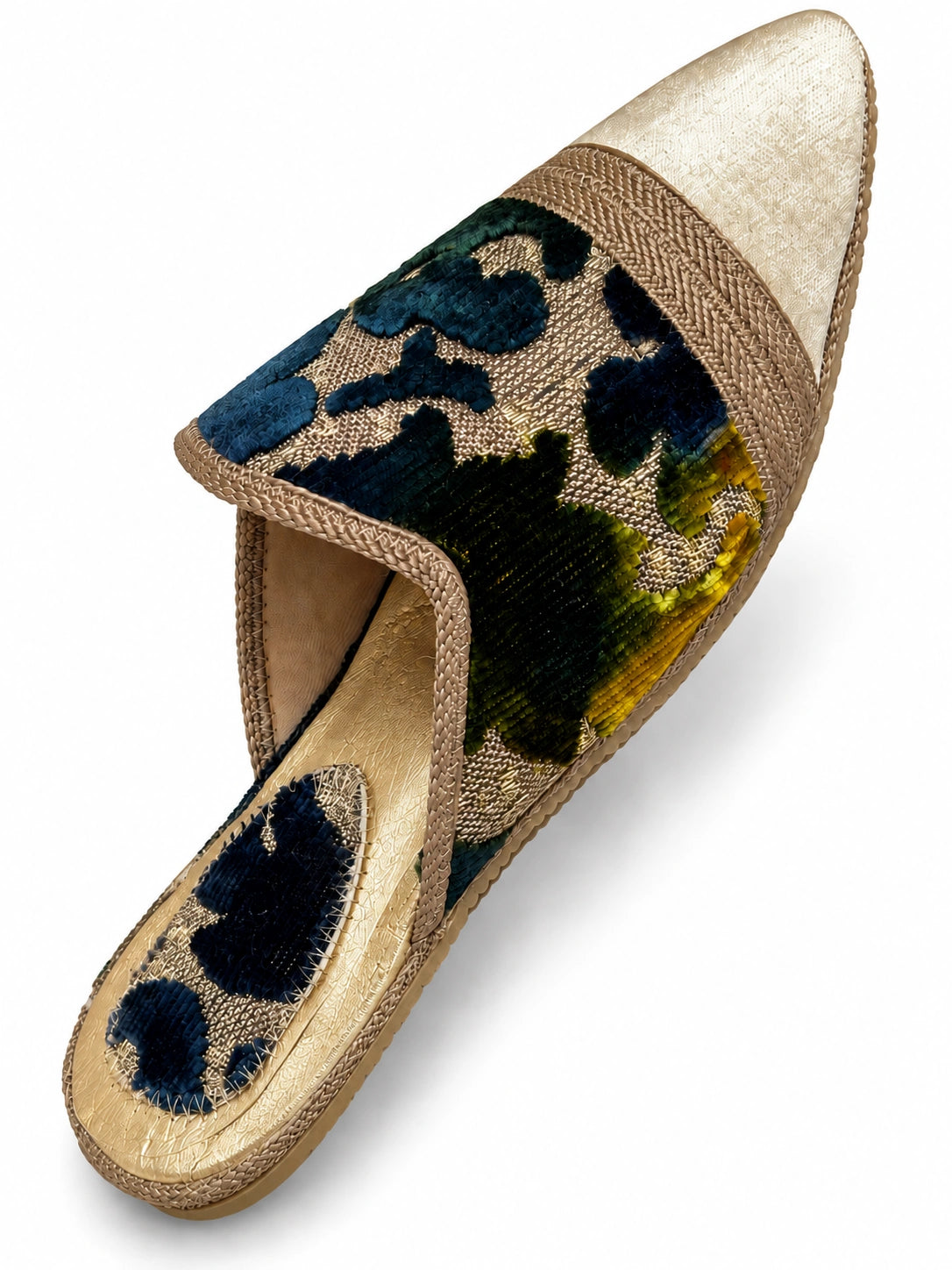Blue and Green Abstract Babouches with Ivory Toe, pointed-toe open-back shoe on a white background.