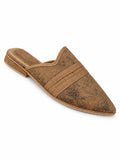 Brown babouches with fine dark speckling and a wide tonal braided band, on a white background.