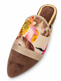 Babouche with a multicolour floral upper on cream, brown pointed toe and champagne braided trim on white.