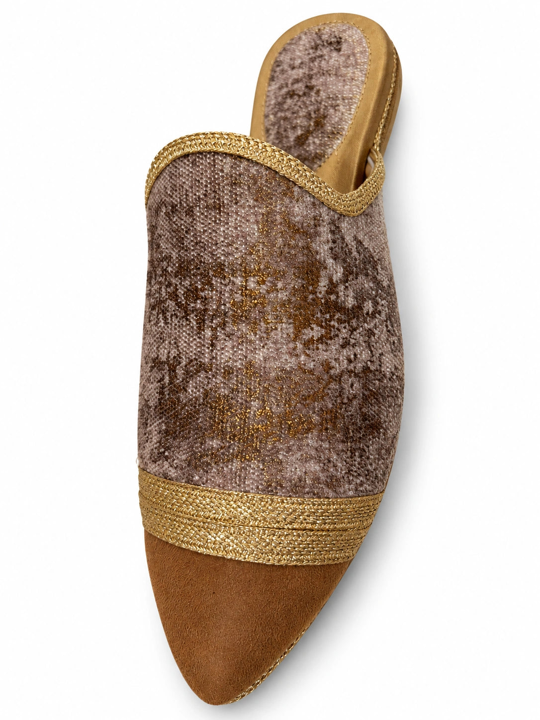 Brown and taupe textured babouche with a gold-tone braided band and plain brown toe on a white background.