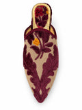 Burgundy and Beige Floral Babouches on a white background
