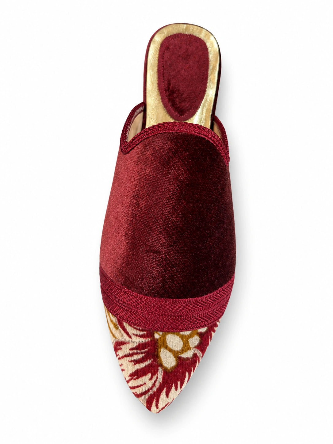 Burgundy Babouches with Floral Toe on a white background